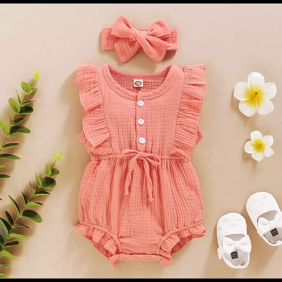 Baby girls linen romper with matching headband - Picture 5 of 8